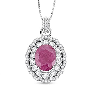 D'Joy Premium Natural Ruby and Moissanite 3.20 ctw Scarlet Halo Pendant Necklace in Rhodium Over Sterling Silver 18 Inches