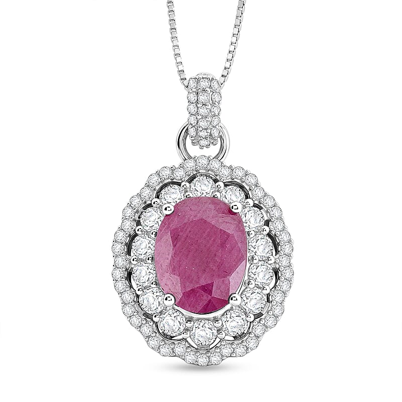 D'Joy Premium Natural Ruby and Moissanite 3.20 ctw Scarlet Halo Pendant Necklace in Rhodium Over Sterling Silver 18 Inches