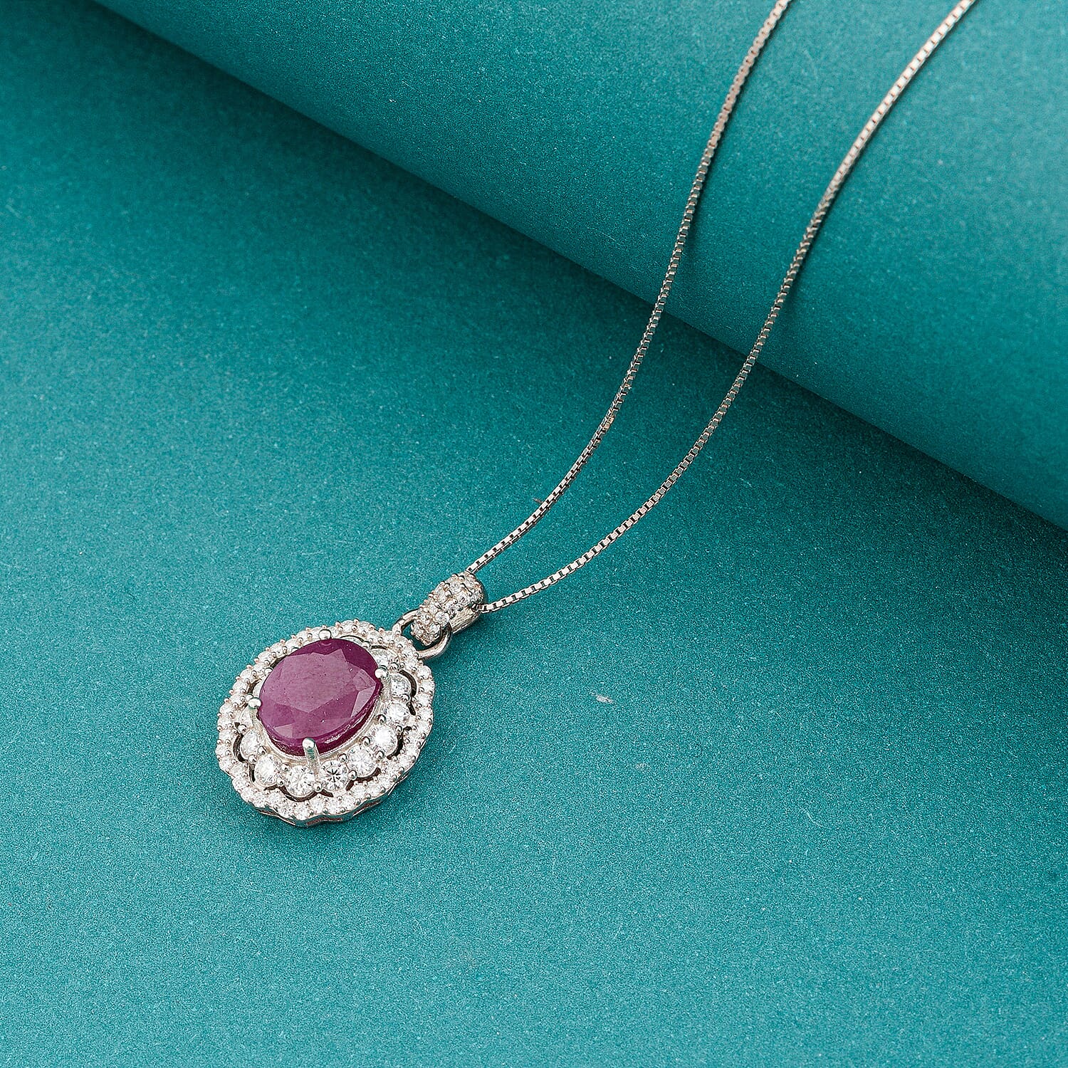 D'Joy Premium Natural Ruby and Moissanite 3.20 ctw Scarlet Halo Pendant Necklace in Rhodium Over Sterling Silver 18 Inches