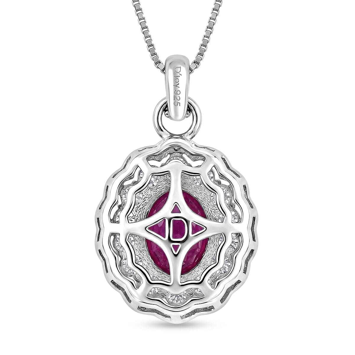 D'Joy Premium Natural Ruby and Moissanite 3.20 ctw Scarlet Halo Pendant Necklace in Rhodium Over Sterling Silver 18 Inches