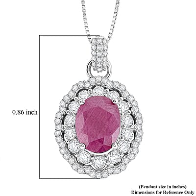D'Joy Premium Natural Ruby and Moissanite 3.20 ctw Scarlet Halo Pendant Necklace in Rhodium Over Sterling Silver 18 Inches