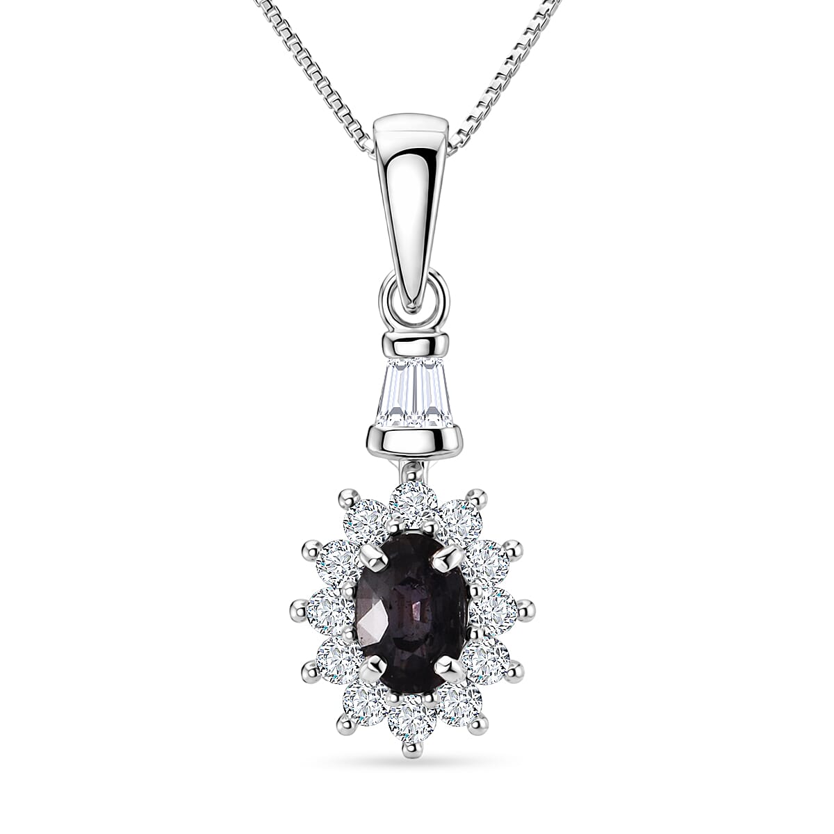 D'Joy Premium Australian Sapphire and Moissanite 0.90 ctw Crown Spark Pendant Necklace in Rhodium Over Sterling Silver 18 Inches