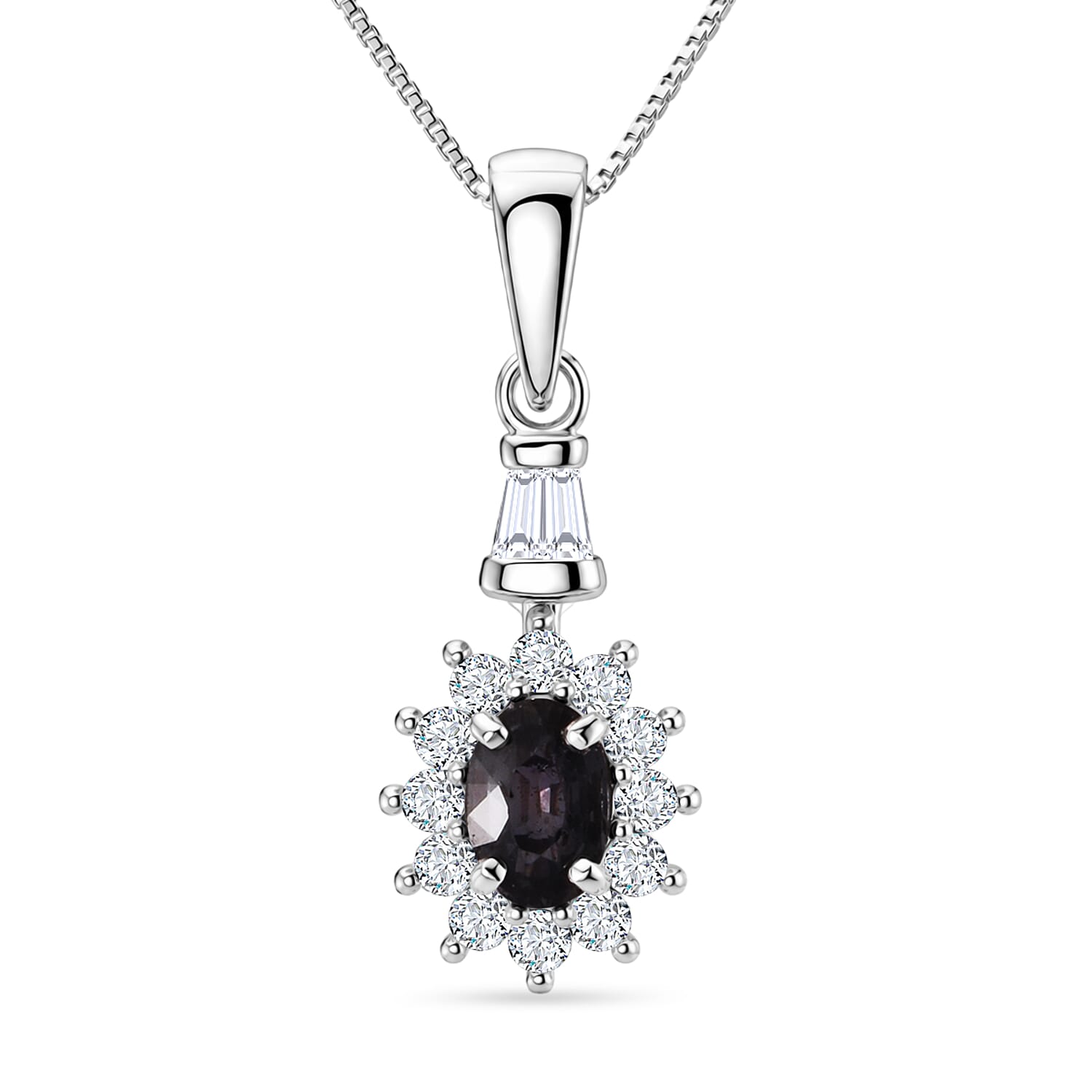 D'Joy Premium Australian Sapphire and Moissanite 0.90 ctw Crown Spark Pendant Necklace in Rhodium Over Sterling Silver 18 Inches