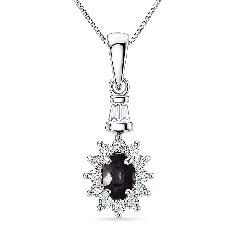D'Joy Premium Australian Sapphire and Moissanite 0.90 ctw Crown Spark Pendant Necklace in Rhodium Over Sterling Silver 18 Inches
