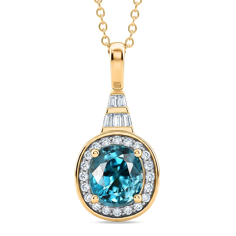 Luxoro AAA Cambodian Blue Zircon and Diamond I2 2.70 ctw Blue Radiance Halo Pendant Necklace in 10K Yellow Gold 20 Inches