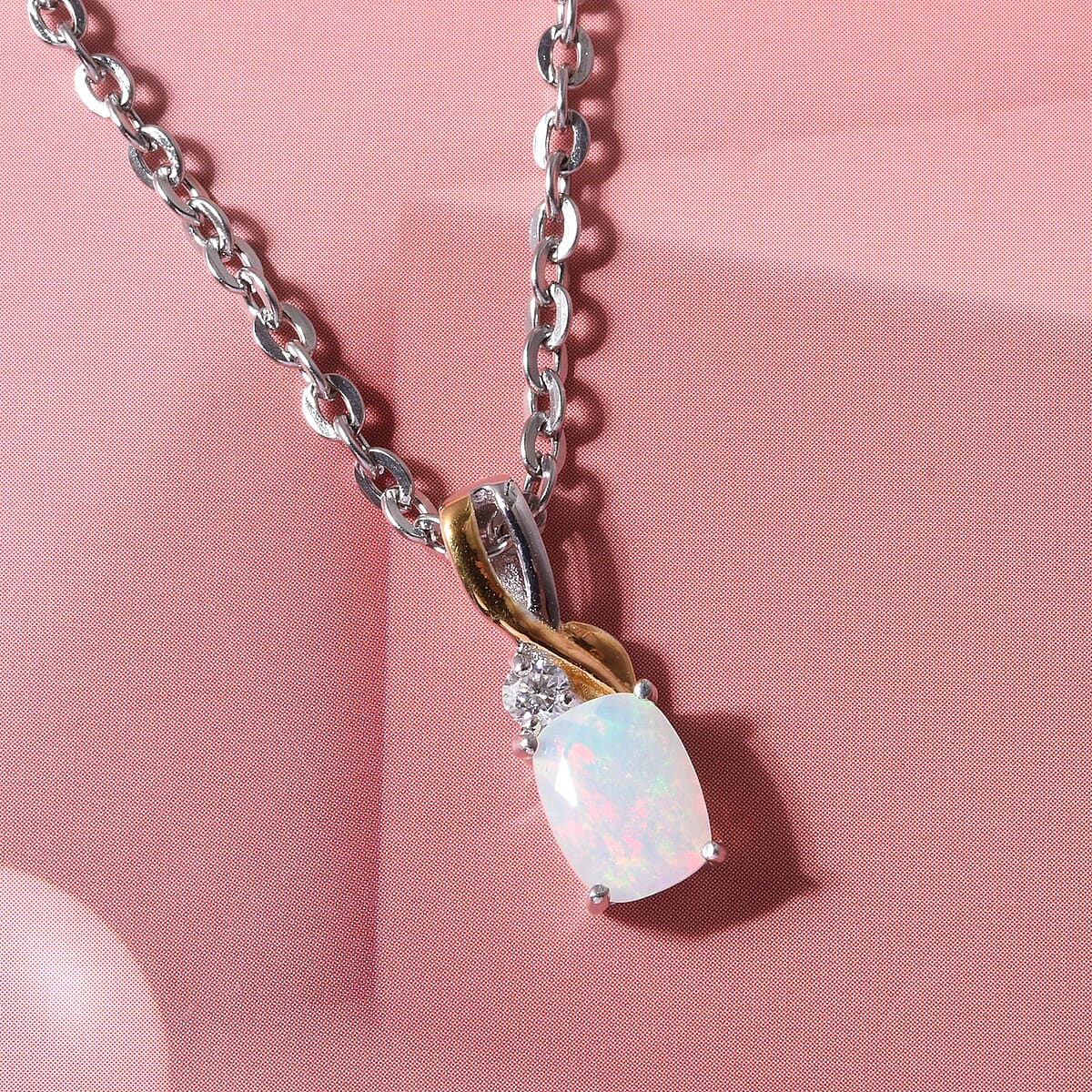 D'Joy Premium Ethiopian Welo Opal and Moissanite 0.90 ctw Nature Glow Pendant Necklace in 14K Yellow Gold Over and Sterling Silver 18 Inches image number 1