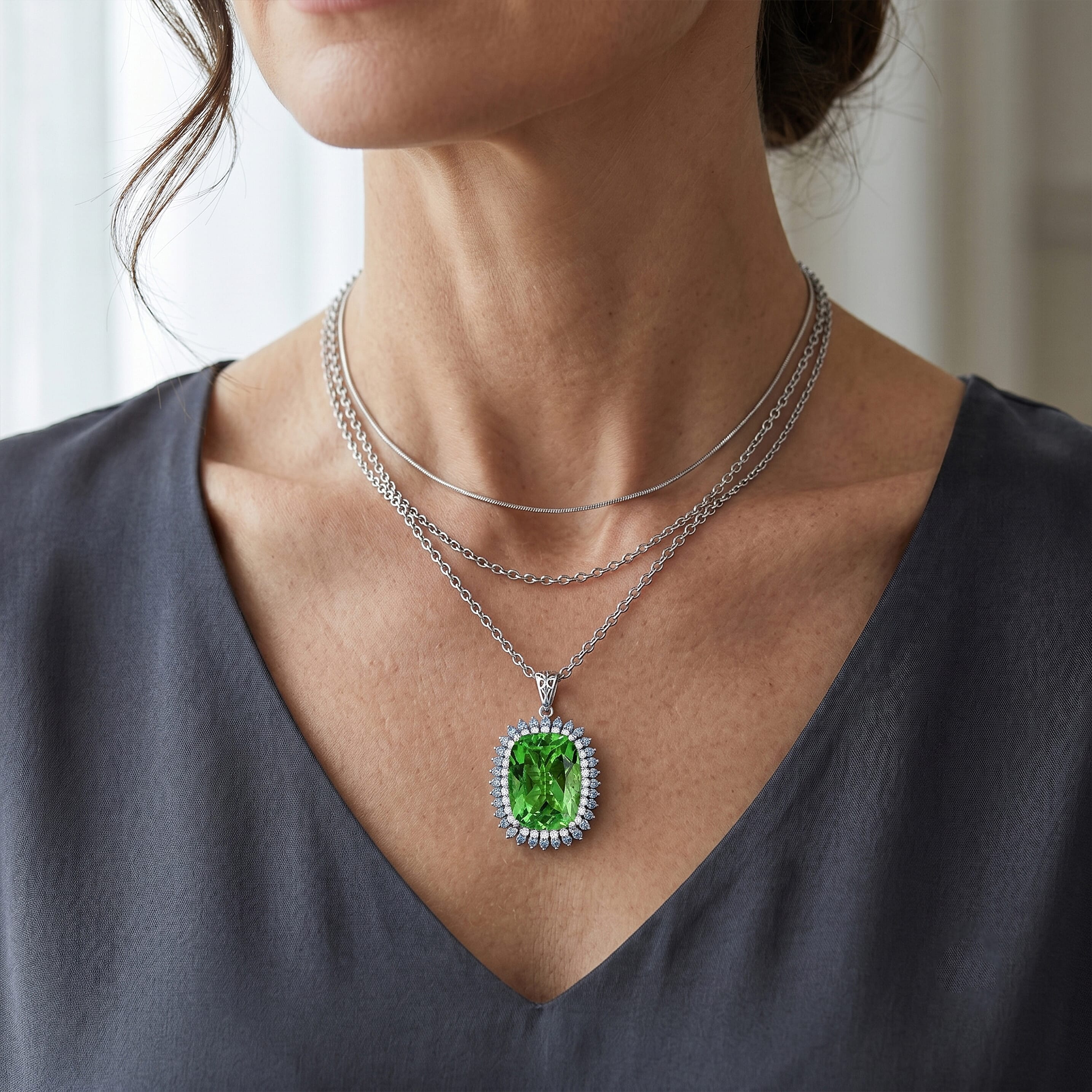 EverTrue Chartreuse Quartz (Triplet) and Multi Gemstone 12.30 ctw Pendant in Platinum Bond with Stainless Steel Necklace 20 Inches
