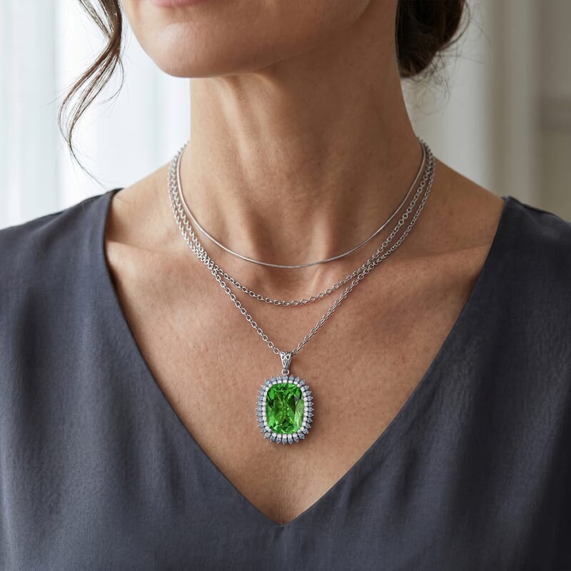 EverTrue Chartreuse Quartz (Triplet) and Multi Gemstone 12.30 ctw Pendant in Platinum Bond with Stainless Steel Necklace 20 Inches