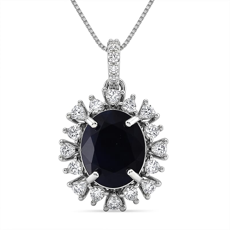 D'Joy Premium Kanchanaburi Blue Sapphire (DF) and Moissanite 8.20 ctw Pendant Necklace in Rhodium Over Sterling Silver 18 Inches