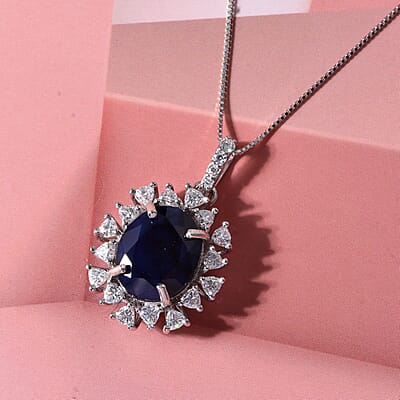 D'Joy Premium Kanchanaburi Blue Sapphire (DF) and Moissanite 8.20 ctw Pendant Necklace in Rhodium Over Sterling Silver 18 Inches