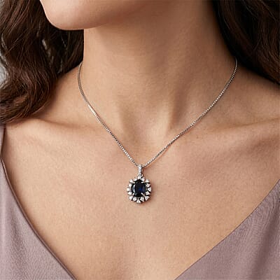 D'Joy Premium Kanchanaburi Blue Sapphire (DF) and Moissanite 8.20 ctw Pendant Necklace in Rhodium Over Sterling Silver 18 Inches