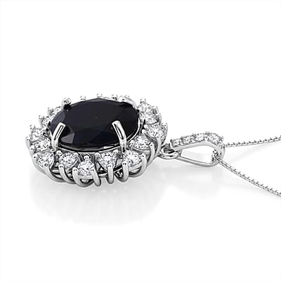 D'Joy Premium Kanchanaburi Blue Sapphire (DF) and Moissanite 8.20 ctw Pendant Necklace in Rhodium Over Sterling Silver 18 Inches