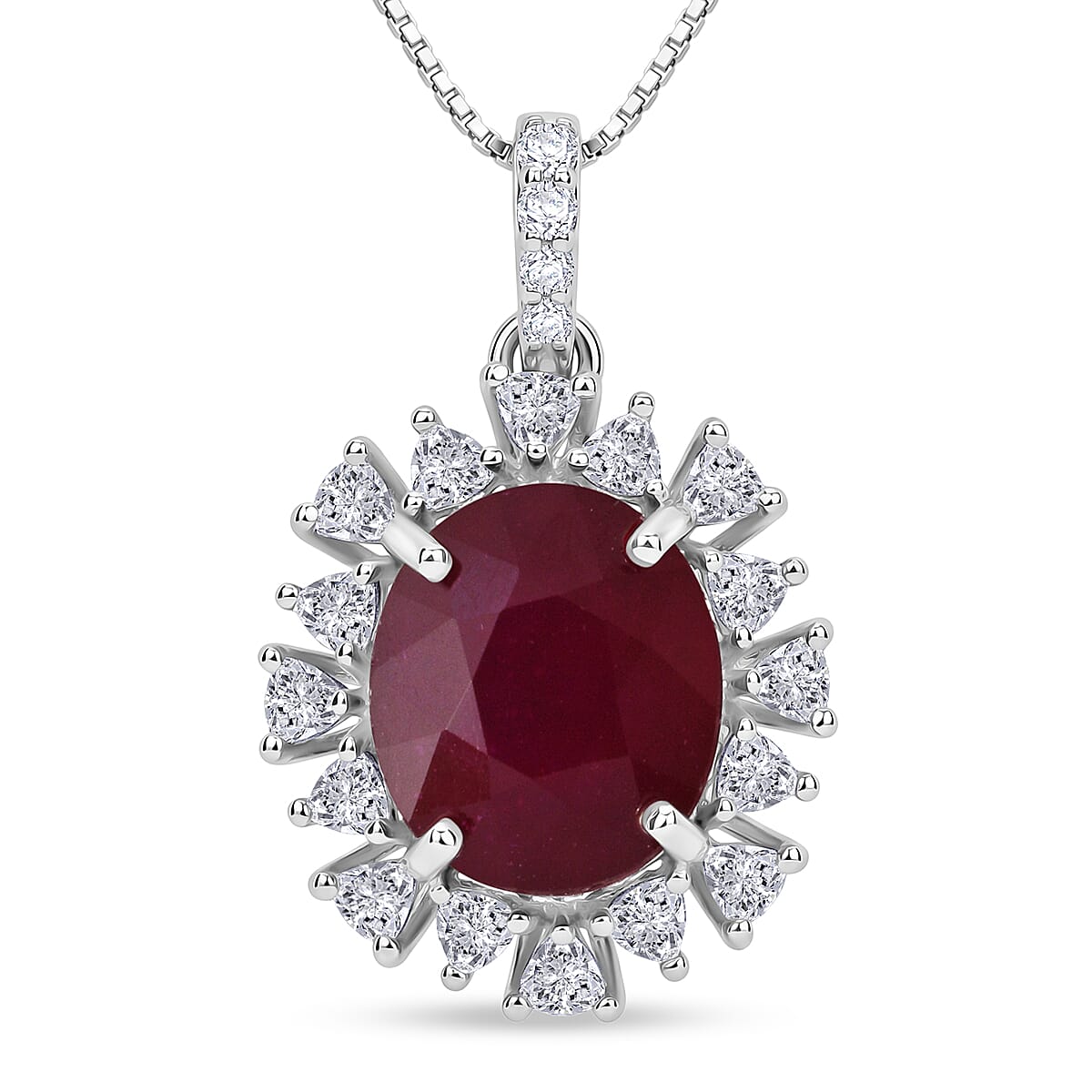 D'Joy Premium Niassa Ruby (FF) and Moissanite 8.20 ctw Sunburst Pendant Necklace in Rhodium Over Sterling Silver 18 Inches