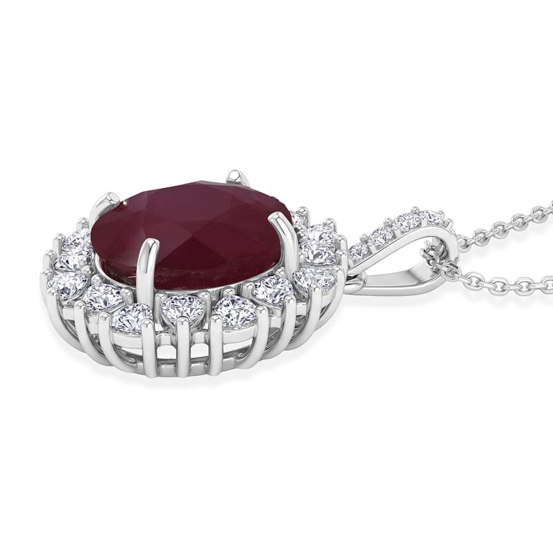 D'Joy Premium Niassa Ruby (FF) and Moissanite 8.20 ctw Sunburst Pendant Necklace in Rhodium Over Sterling Silver 18 Inches
