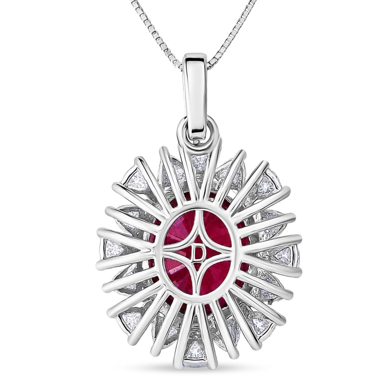 D'Joy Premium Niassa Ruby (FF) and Moissanite 8.20 ctw Sunburst Pendant Necklace in Rhodium Over Sterling Silver 18 Inches