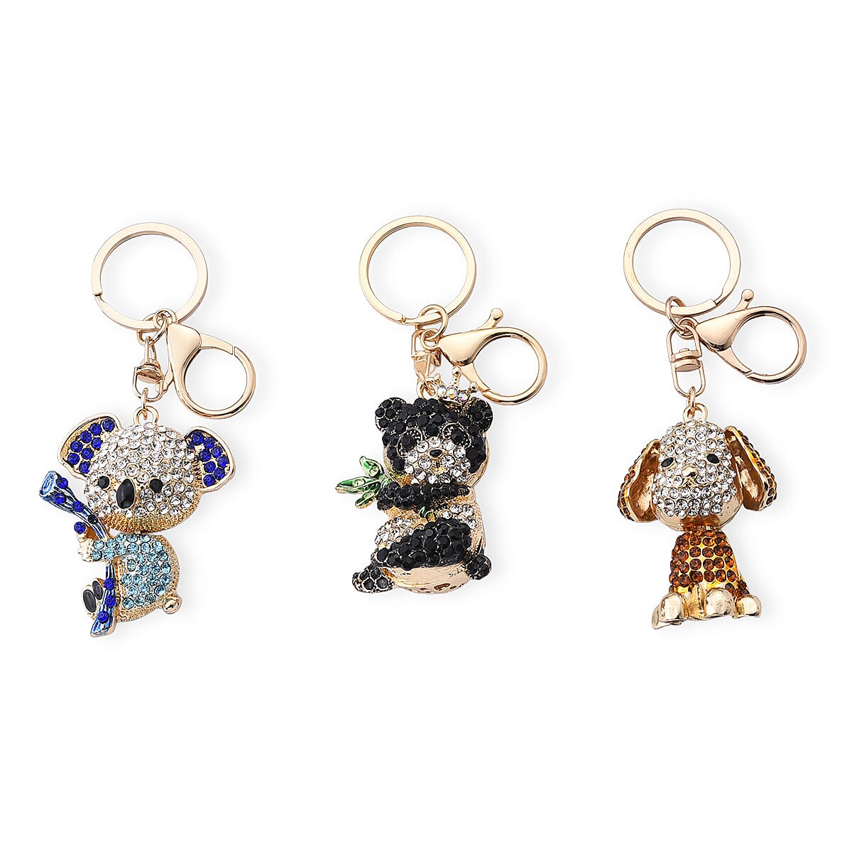 Set of 3 Multi Color Austrian Crystal, Enameled Koala, Panda and Dog Keychain in Goldtone