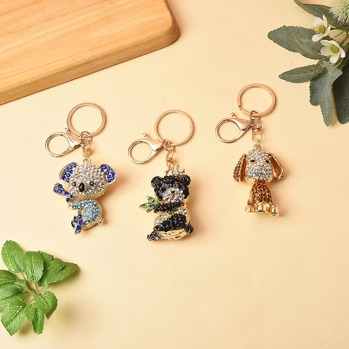 Set of 3 Multi Color Austrian Crystal, Enameled Koala, Panda and Dog Keychain in Goldtone