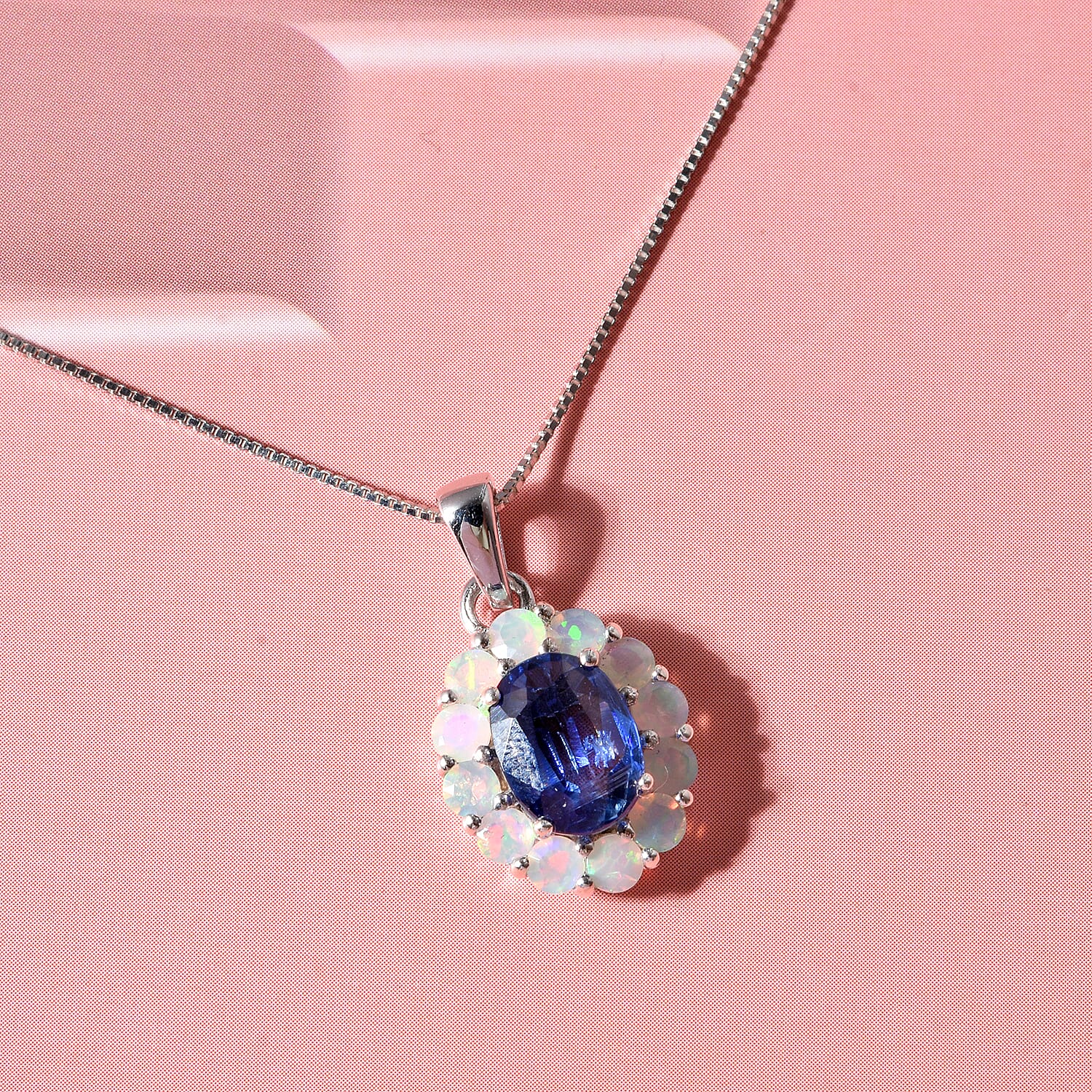 D'Joy Premium Kashmir Kyanite and Ethiopian Welo Opal 2.15 ctw Majestic Glow Pendant Necklace in Rhodium Over Sterling Silver 18 Inches