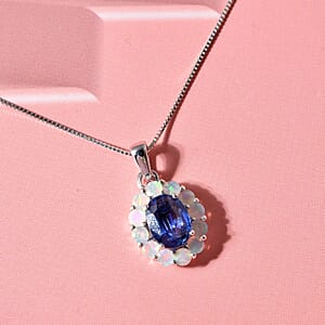 D'Joy Premium Kashmir Kyanite and Ethiopian Welo Opal 2.15 ctw Majestic Glow Pendant Necklace in Rhodium Over Sterling Silver 18 Inches