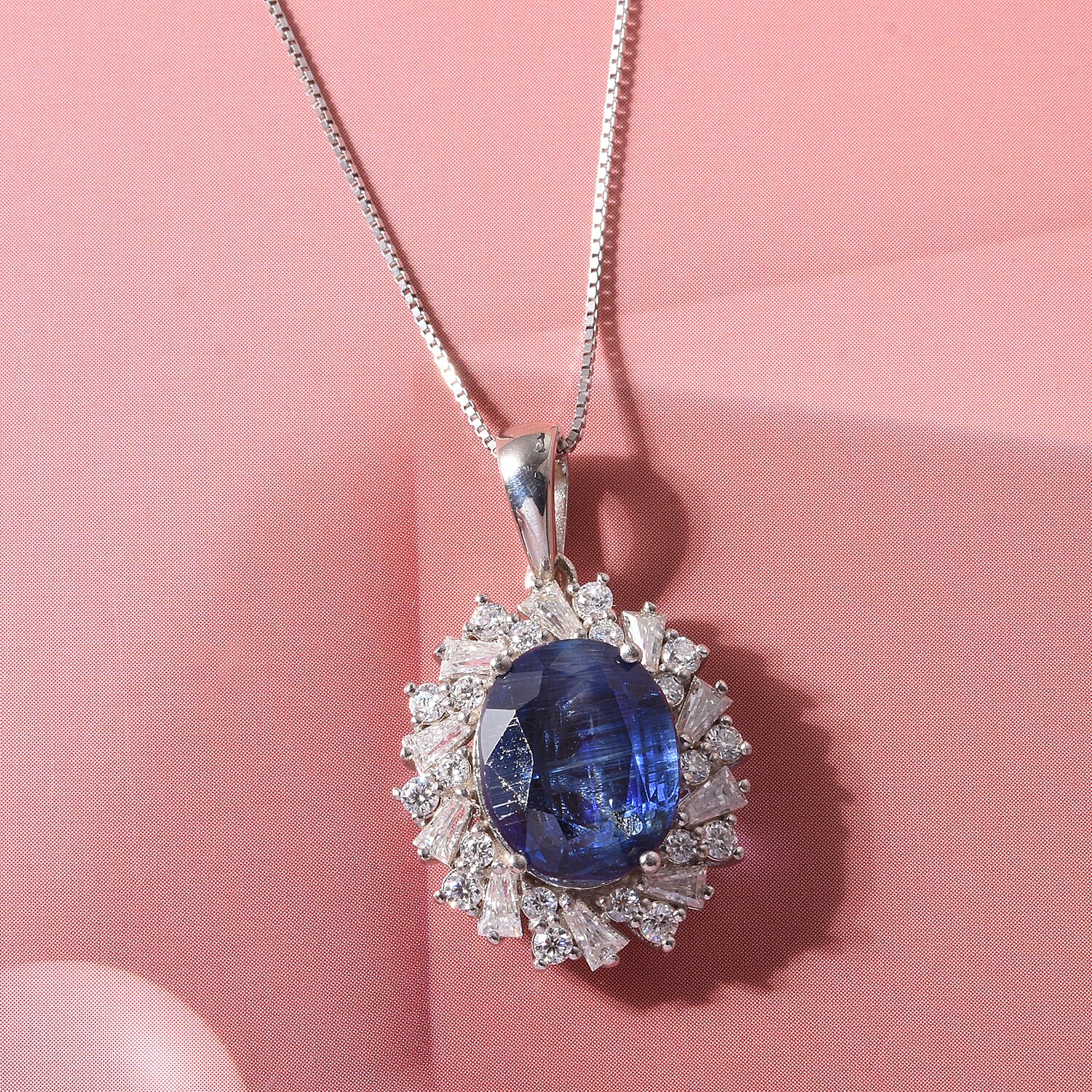 D'Joy Premium Kashmir Kyanite and Moissanite 5.50 ctw Royal Starburst Pendant Necklace in Rhodium Over Sterling Silver (18 Inches)