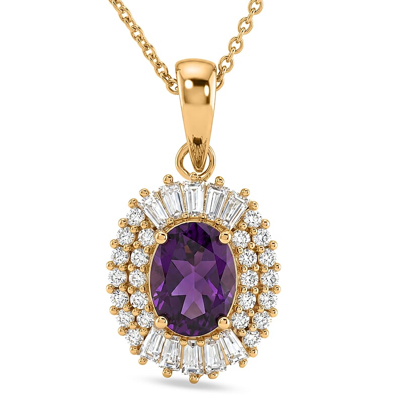 D'Joy AAA Radiant Ember Garnet and Moissanite 2.00 ctw Scarlet Crown Halo Pendant Necklace in 18K Vermeil Yellow Gold Over Sterling Silver (18 Inches)