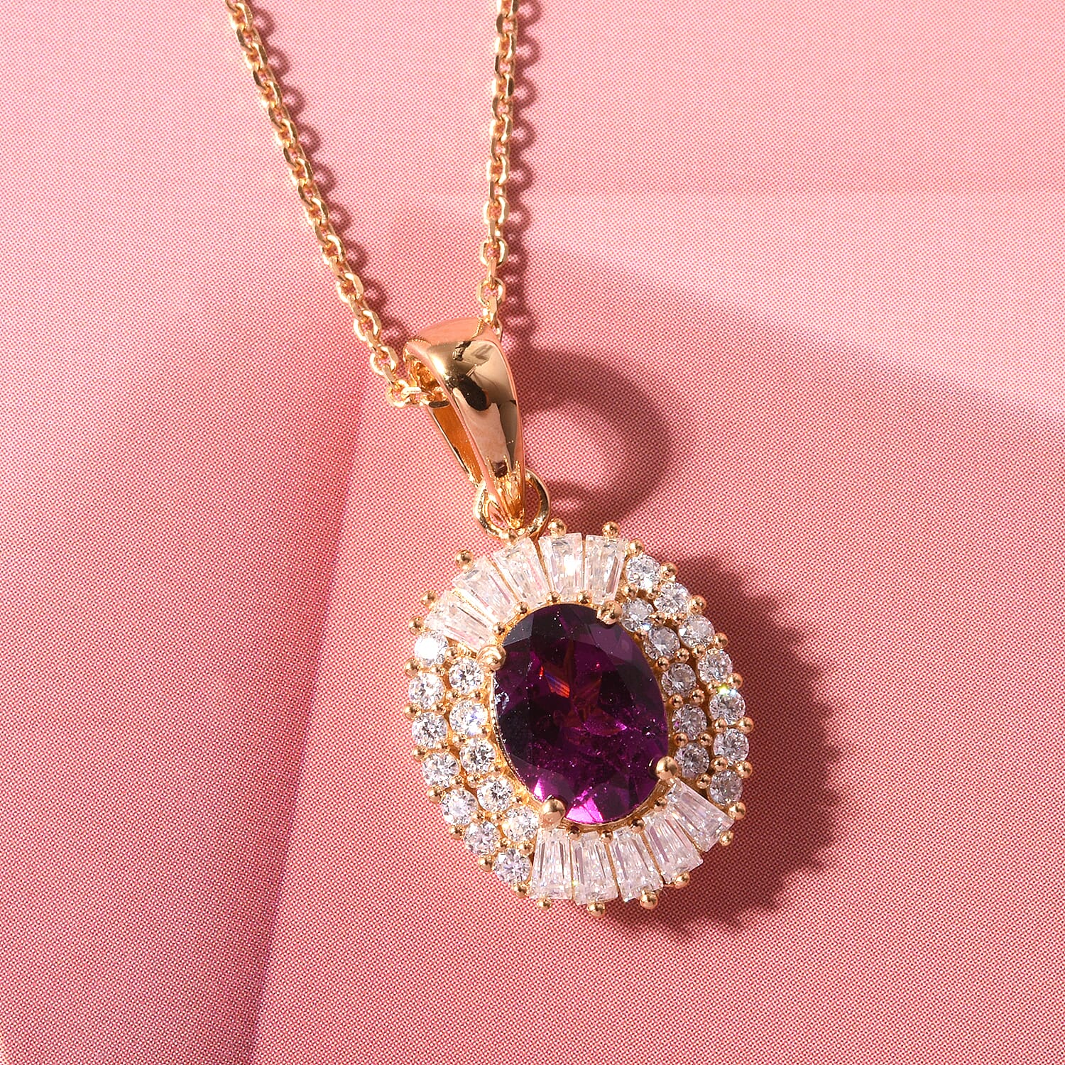 D'Joy AAA Radiant Ember Garnet and Moissanite 2.00 ctw Scarlet Crown Halo Pendant Necklace in 18K Vermeil Yellow Gold Over Sterling Silver (18 Inches)