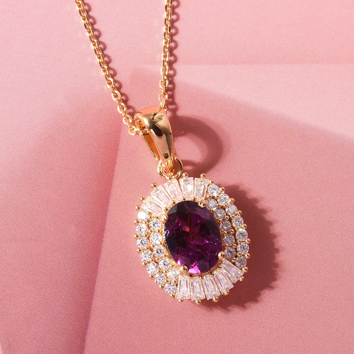 D'Joy AAA Radiant Ember Garnet and Moissanite 2.00 ctw Scarlet Crown Halo Pendant Necklace in 18K Vermeil Yellow Gold Over Sterling Silver (18 Inches) image number 1