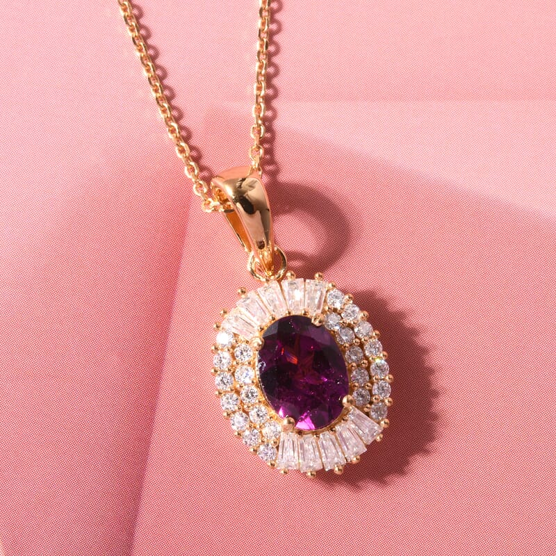 D'Joy AAA Radiant Ember Garnet and Moissanite 2.00 ctw Scarlet Crown Halo Pendant Necklace in 18K Vermeil Yellow Gold Over Sterling Silver (18 Inches)