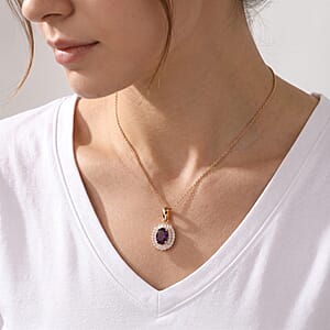D'Joy AAA Radiant Ember Garnet and Moissanite 2.00 ctw Scarlet Crown Halo Pendant Necklace in 18K Vermeil Yellow Gold Over Sterling Silver (18 Inches)