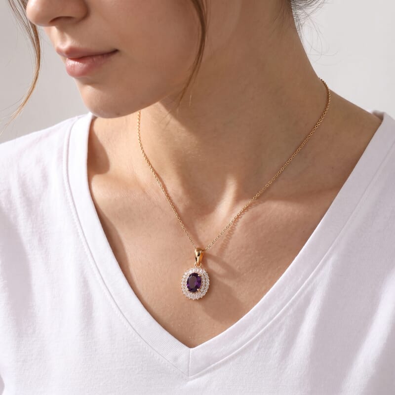 D'Joy AAA Radiant Ember Garnet and Moissanite 2.00 ctw Scarlet Crown Halo Pendant Necklace in 18K Vermeil Yellow Gold Over Sterling Silver (18 Inches)