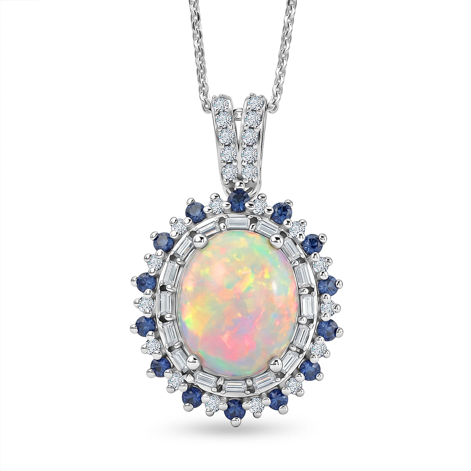 D'Joy Premium Ethiopian Welo Opal and Multi Gemstone 4.15 ctw Royal Sunburst Pendant Necklace in Rhodium Over Sterling Silver 20