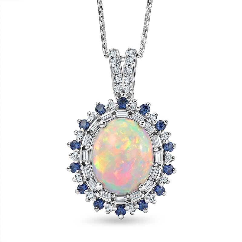 D'Joy Premium Ethiopian Welo Opal and Multi Gemstone 4.15 ctw Royal Sunburst Pendant Necklace in Rhodium Over Sterling Silver 20 Inches