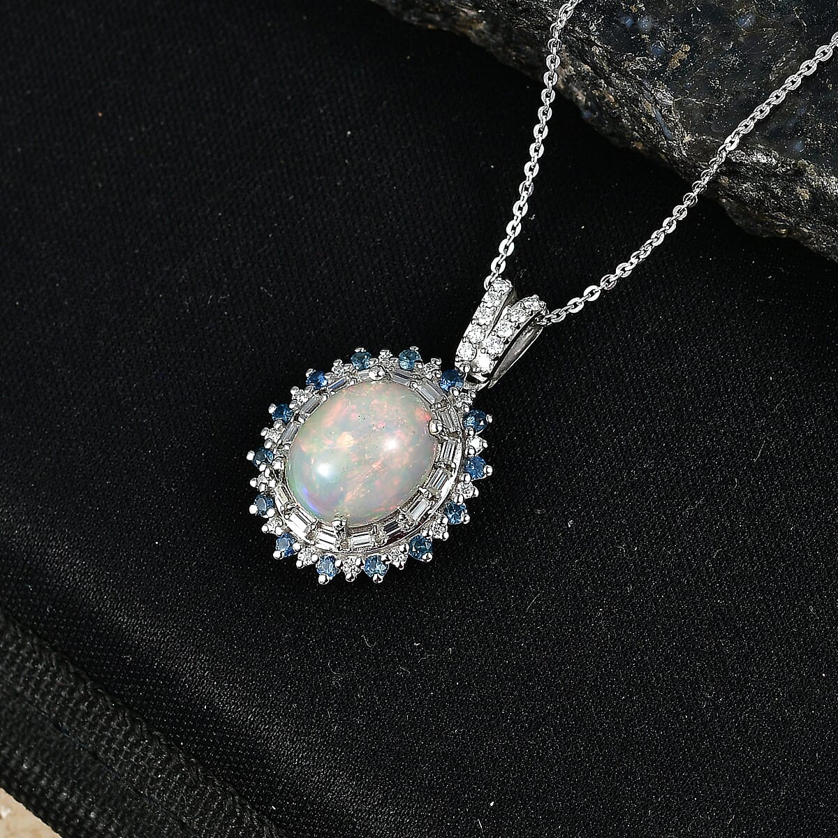 D'Joy Premium Ethiopian Welo Opal and Multi Gemstone 4.15 ctw Royal Sunburst Pendant Necklace in Rhodium Over Sterling Silver 20 Inches image number 1
