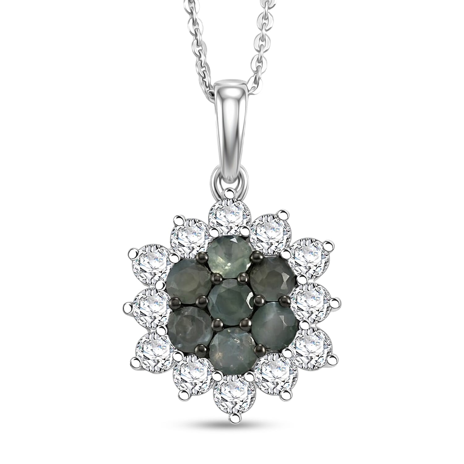 D'Joy Narsipatnam Alexandrite and Moissanite 1.70 ctw Garden Starburst Pendant Necklace in Rhodium Over Sterling Silver 20 Inche