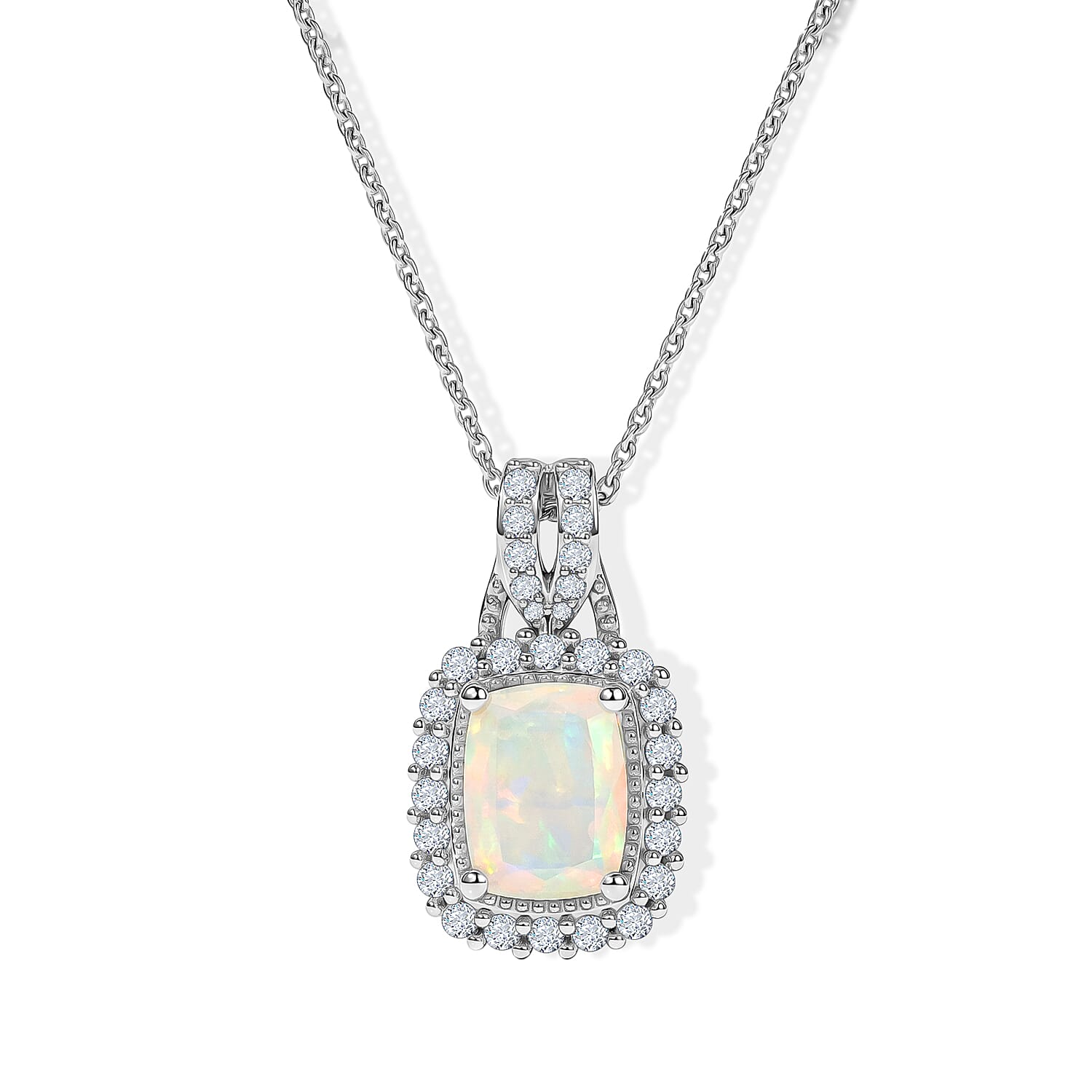 D'Joy Ethiopian Welo Opal and White Zircon 1.40 ctw Pendant in Rhodium Over Sterling Silver with Stainless Steel Necklace 20 Inches