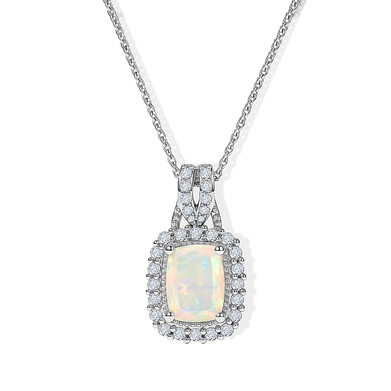 D'Joy Ethiopian Welo Opal and White Zircon 1.40 ctw Pendant in Rhodium Over Sterling Silver with Stainless Steel Necklace 20 Inches