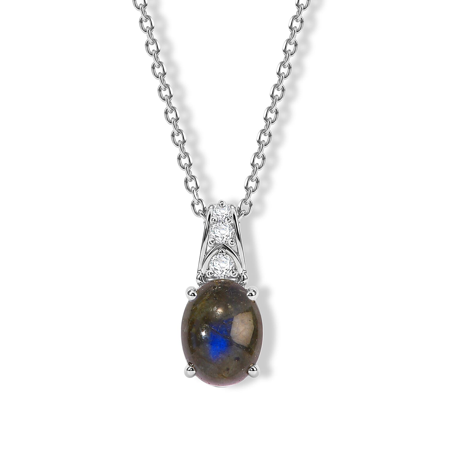 EverTrue Malagasy Labradorite and White Zircon 4.10 ctw Pendant in Platinum Bond with Stainless Steel Necklace 20 Inches
