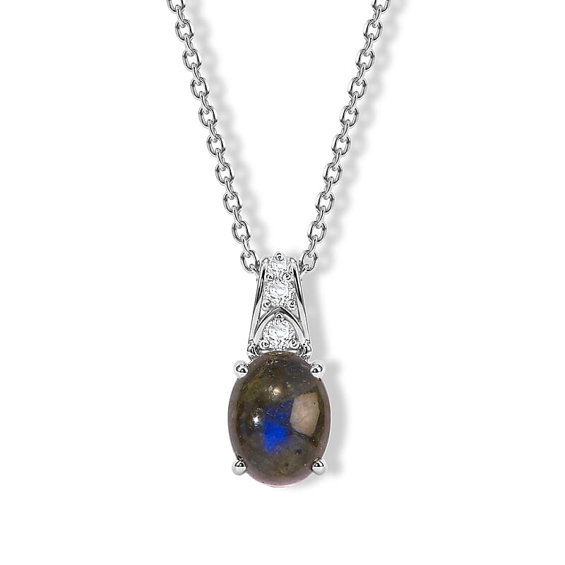 EverTrue Malagasy Labradorite and White Zircon 4.10 ctw Pendant in Platinum Bond with Stainless Steel Necklace 20 Inches