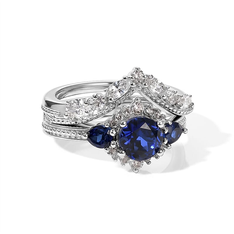 D'Joy Lab Grown Ceylon Blue Sapphire and White Zircon 2.40 ctw Set of 2 Ring in Rhodium Over Sterling Silver (Size 6)