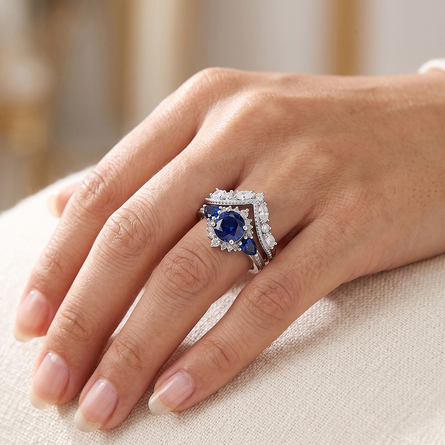 D'Joy Lab Grown Ceylon Blue Sapphire and White Zircon 2.40 ctw Set of 2 Ring in Rhodium Over Sterling Silver (Size 6)