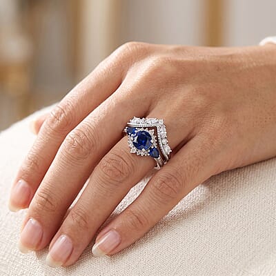 D'Joy Lab Grown Ceylon Blue Sapphire and White Zircon 2.40 ctw Set of 2 Ring in Rhodium Over Sterling Silver (Size 6)