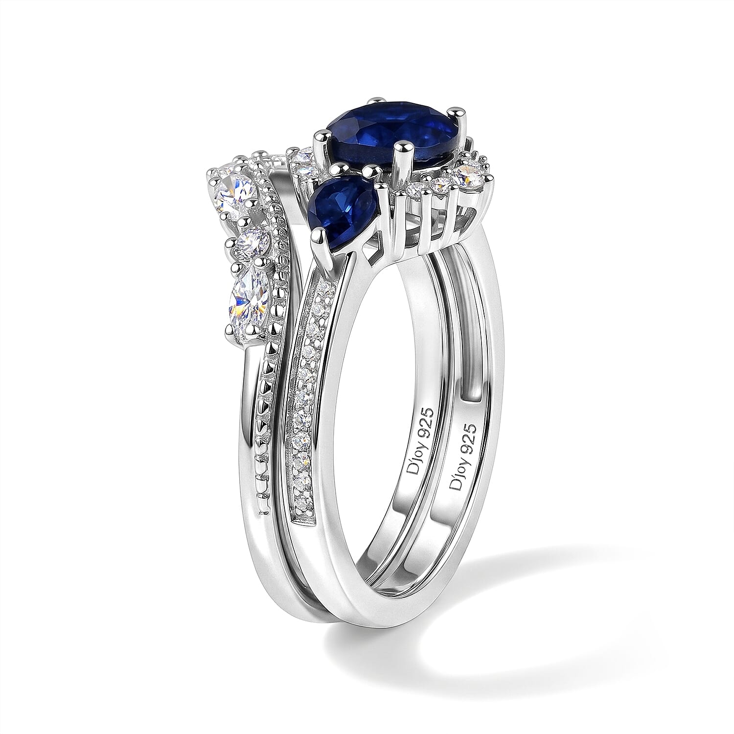 D'Joy Lab Grown Ceylon Blue Sapphire and White Zircon 2.40 ctw Set of 2 Ring in Rhodium Over Sterling Silver (Size 6)