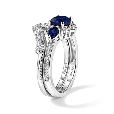 D'Joy Lab Grown Ceylon Blue Sapphire and White Zircon 2.40 ctw Set of 2 Ring in Rhodium Over Sterling Silver (Size 6)