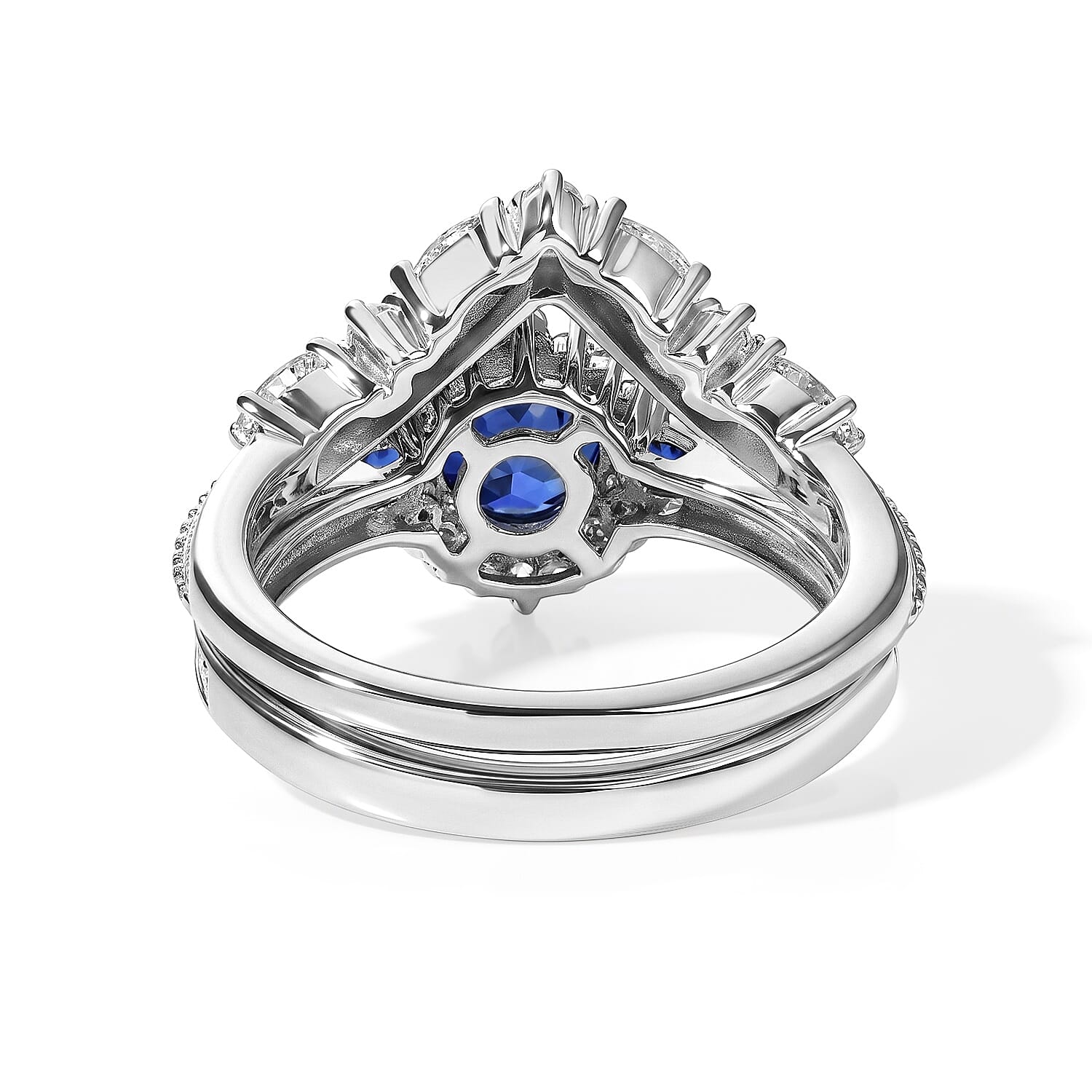 D'Joy Lab Grown Ceylon Blue Sapphire and White Zircon 2.40 ctw Set of 2 Ring in Rhodium Over Sterling Silver (Size 6)