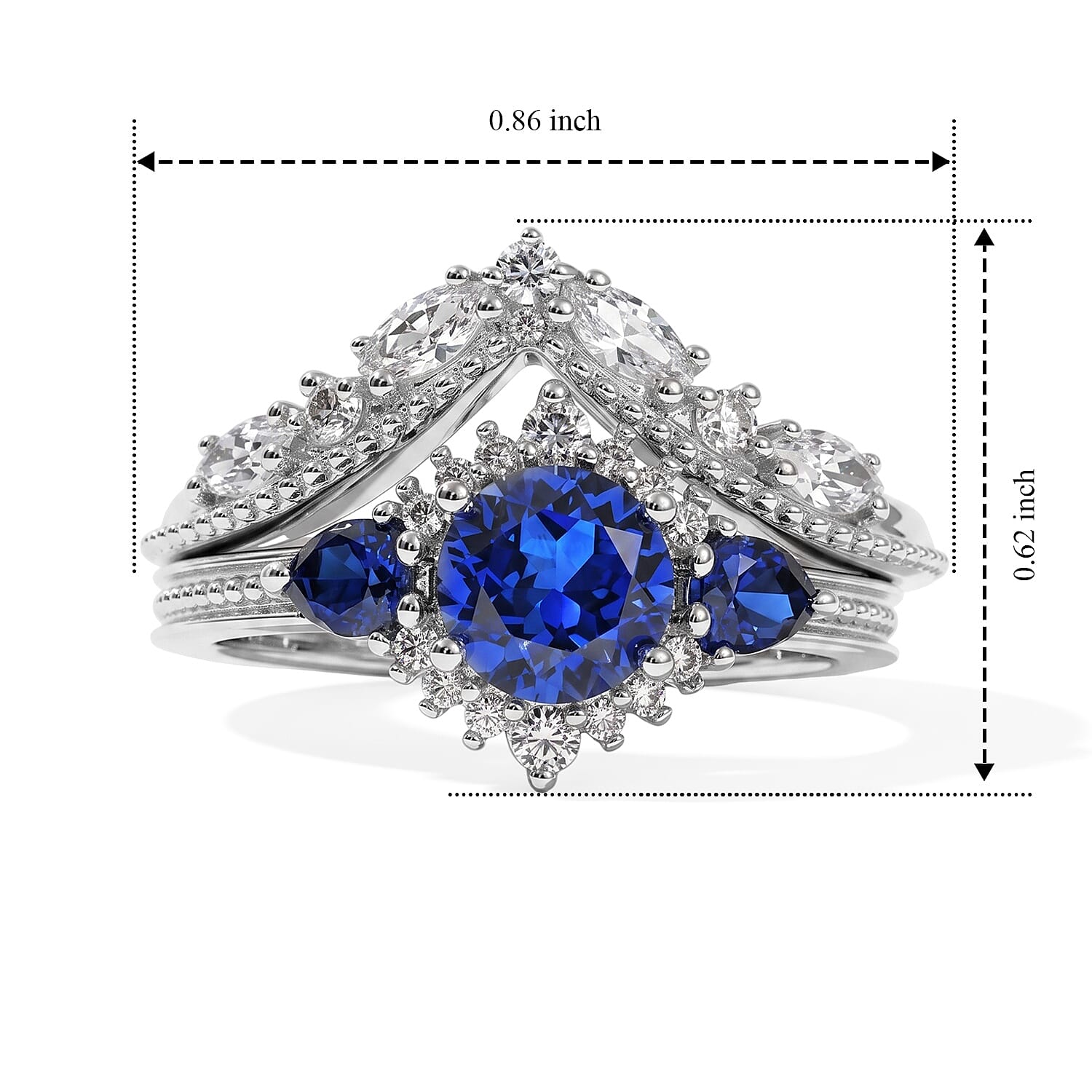D'Joy Lab Grown Ceylon Blue Sapphire and White Zircon 2.40 ctw Set of 2 Ring in Rhodium Over Sterling Silver (Size 6)