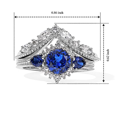 D'Joy Lab Grown Ceylon Blue Sapphire and White Zircon 2.40 ctw Set of 2 Ring in Rhodium Over Sterling Silver (Size 6)