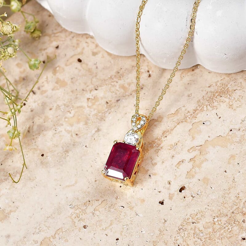 EverTrue Niassa Ruby (FF) and Moissanite 3.00 ctw Scarlet Knot Pendant Necklace in Stainless Steel 20 Inches