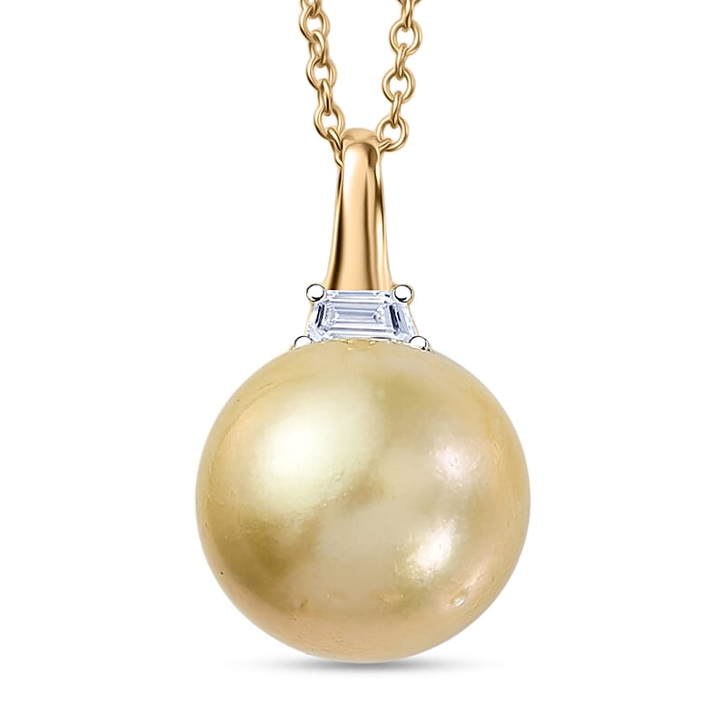 Premium South Sea Golden Pearl and Luxuriant Lab Grown Diamond E-F VS 0.10 ctw Honeymoon Pendant Necklace in 10K Yellow Gold 20 Inches