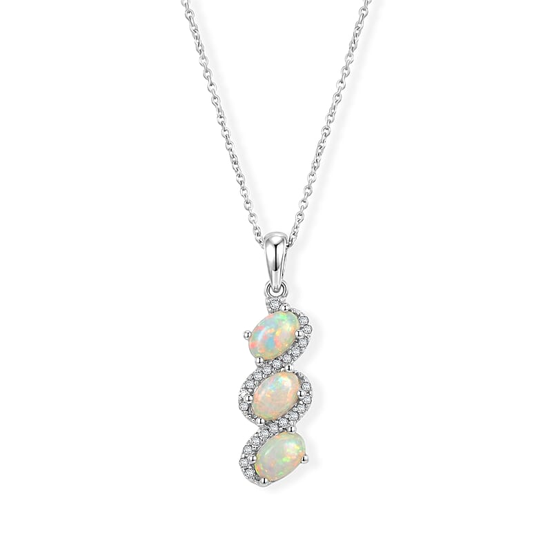 D'Joy Ethiopian Welo Opal and White Zircon 1.20 ctw Pendant Necklace in Rhodium Over Sterling Silver 20 Inches