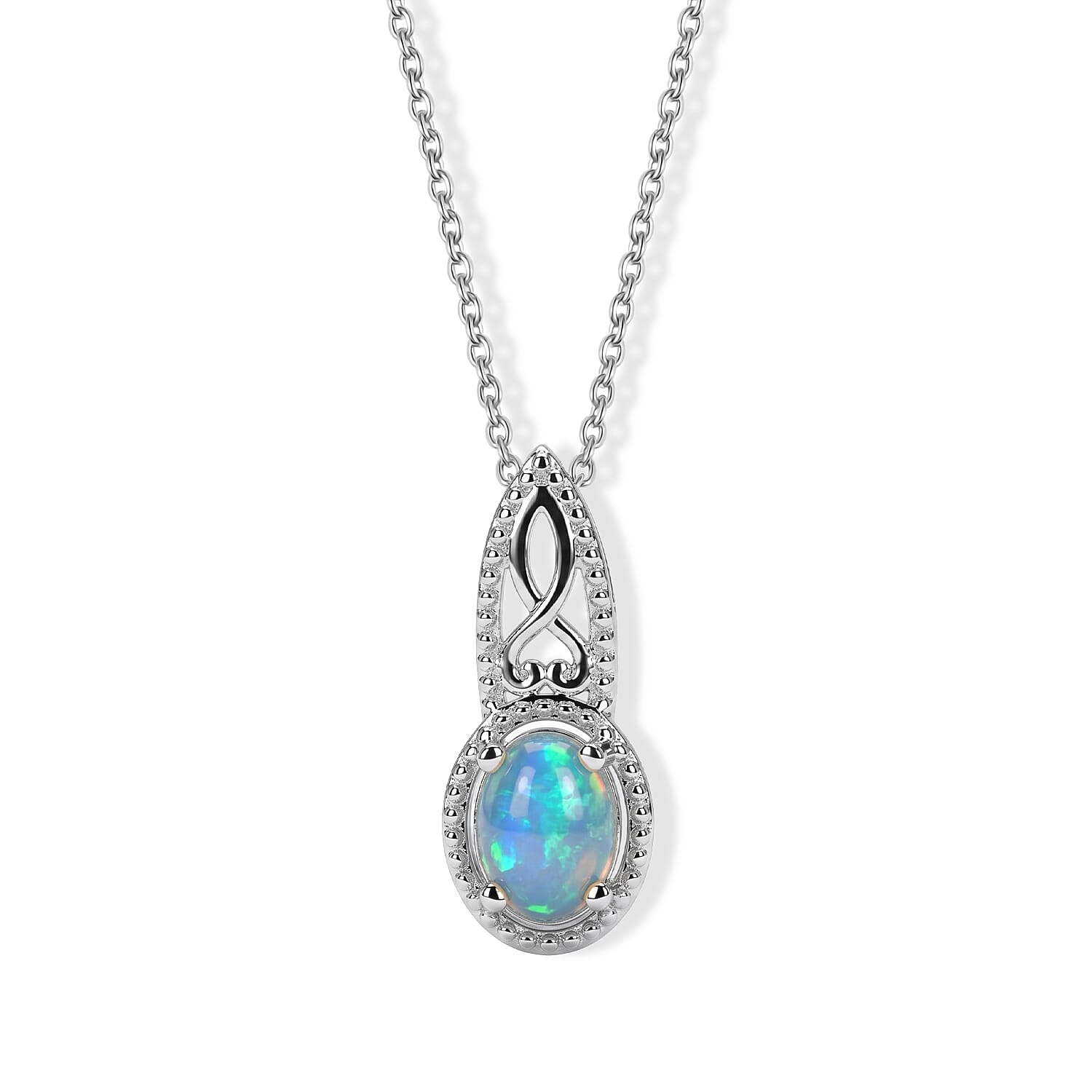 D'Joy Ethiopian Welo Opal 0.90 ctw Pendant in Rhodium Over Sterling Silver with Stainless Steel Necklace 20 Inches